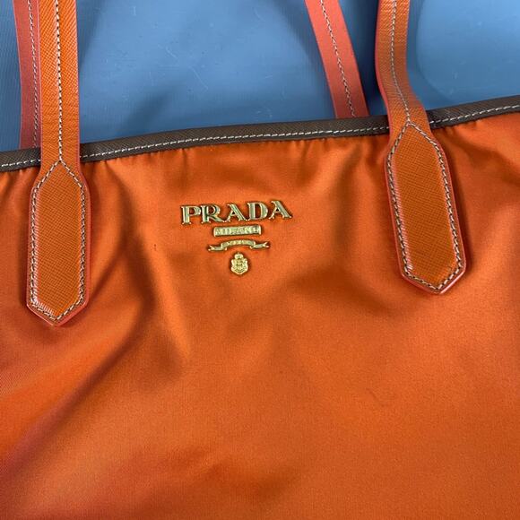 PRADA Orange Gold Saffiano Nylon Leather Trim Tote Handbag - Picture 12 of 12